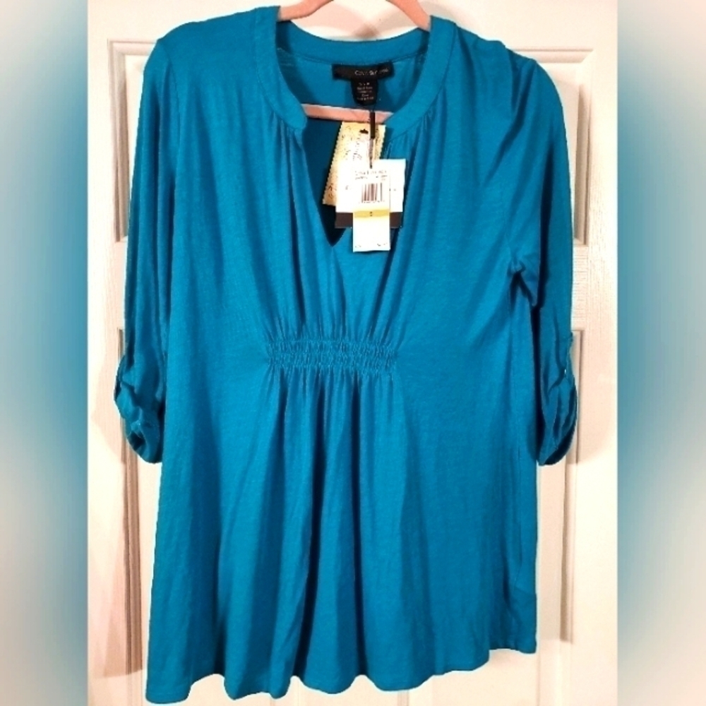 𝅺nwt - Calvin Klein Womens Enamel Blue 3/4 Sleeve Top Blouse Size SP
